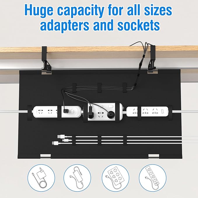 No Drill Under Desk Cable Management Tray, 20" Cord Management Tray with Cable Loop, Upgraded Oxford Fabric Wire Management for Standing Desk - No Damage to Table