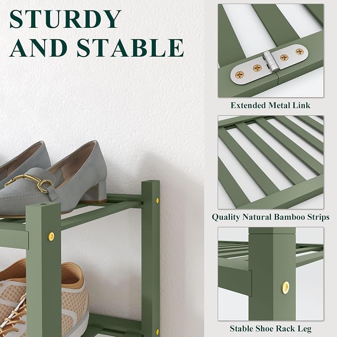 Smiry Bamboo Shoe Rack for Closet, 3 Tier Wooden Shoe Organizer, Stackable Wood Shoe Storage Shelf for Entryway, 14 Vertical Slats, One-piece Heavy-Duty Legs, 26.77"x11.02"x18.31", Green