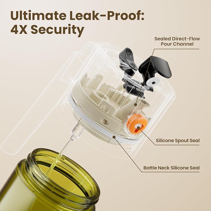 LAKUMIQI 2 in 1 Oil Sprayer & Dispenser, 17 oz Light-Blocking Glass Bottle | Large Capacity, Wide-Mouth for Easy Pouring and Cleaning, Leak-Proof Oil Bottle with Stickers for Salads, Air Fryers, BBQ