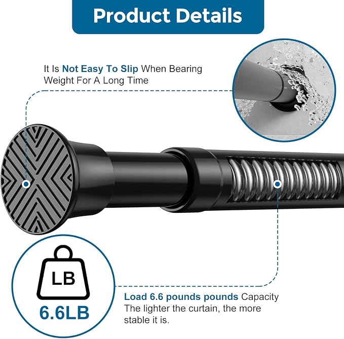 1pack Tension Curtain Rod 32 to 76 Inch, Black Spring Tension Curtain Rod Adjustable Expandable Curtain Rod No Drilling, Spring Loaded Curtain Rods for Windows, Bedroom, Doorway Door, Closet