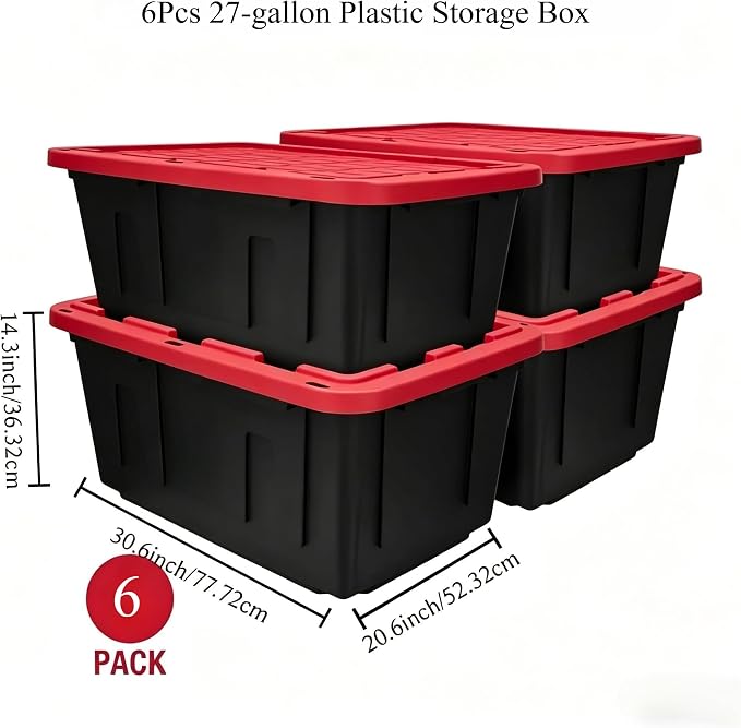 CLMSTE6 Pack Large Storage Bins with Snap Lids, 27 Gallon Black and Red Totes for Garage & Basement, Stackable Heavy Duty Plastic Containers for Home Organization