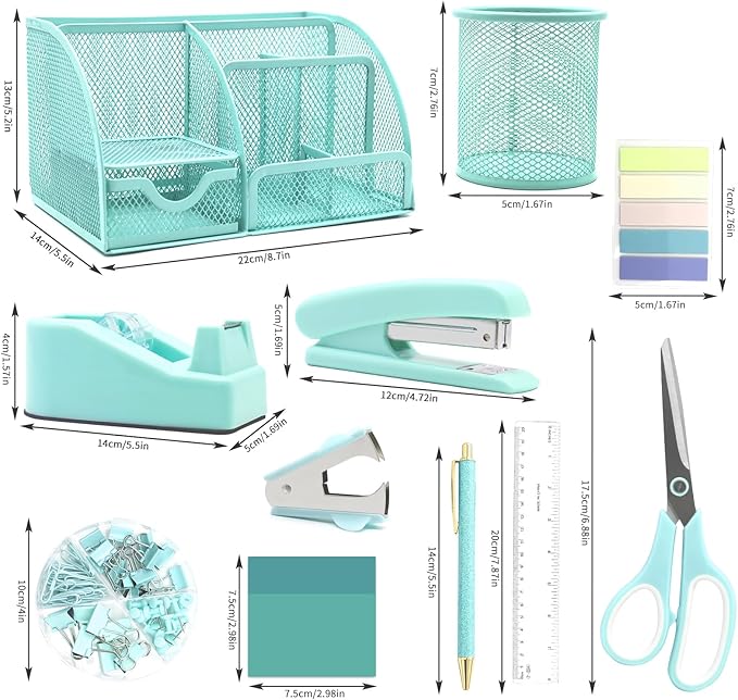 12 in 1 Green Desk Organizers & Accessories Set, Office Supplies Include Stapler, Pen Holder, Tape Holder, Scissors, Ruler, Staple Remover for Home & School