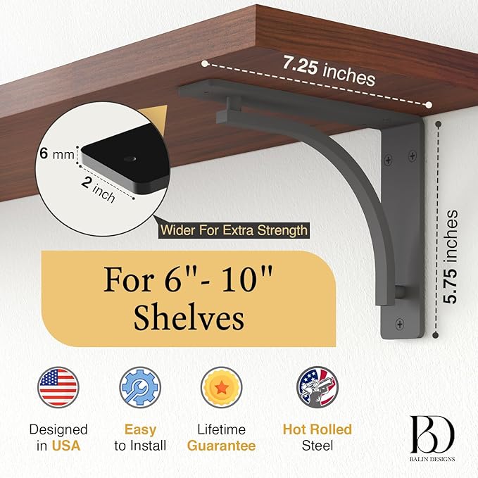 Classic Black Heavy Duty Shelf Brackets 8 inch by Balin Designs– L Bracket, Wall Mounted Support, Extra Wide Bracket, Decorative Shelf Brackets, Fireplace Mantel with Hardware Included, Set of 2