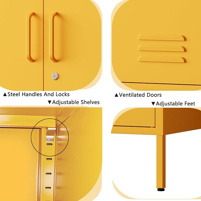 Yellow Wide Metal Storage Cabinet, 32" H Heavy Duty Steel Locker with Lock, 2 Adjustable Shelves & Ventilated Doors for Home Office Kitchen Living Room