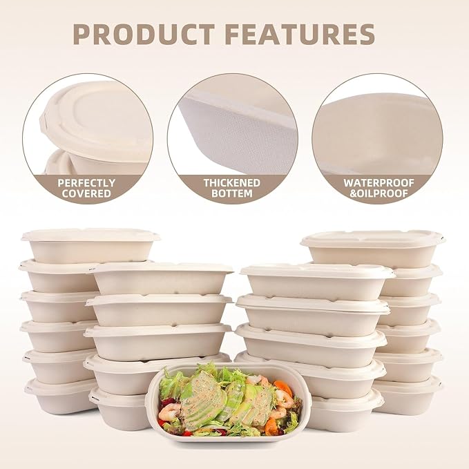 50Pcs(24oz) disposable meal prep food containers with lids,microwaveable and freezable compostable, takeaway containers salad for food bowls and bento boxes.