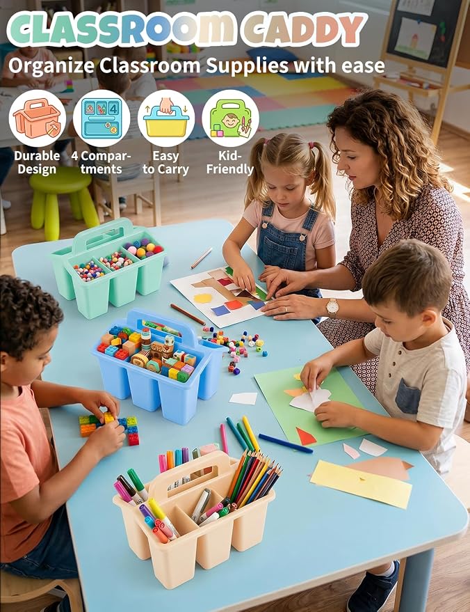 6 Pack Classroom Caddy Organizer with Handle, Table Caddy Classroom | 4 Compartments, 9×6.3×6.7 inches, Thick Durable PP Plastic, Built-in Handle, Stackable Design, for Classroom Desk Office Home