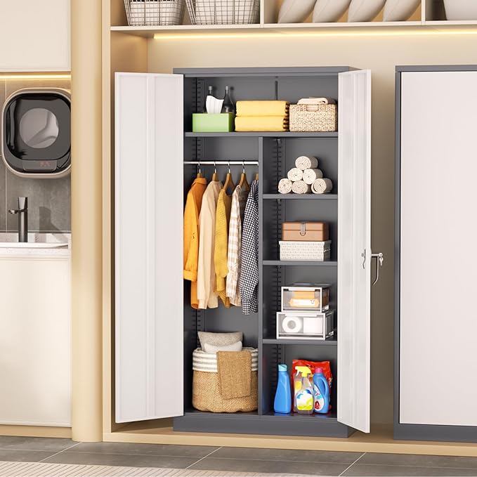 INTERGREAT Wardrobe Cabinets with Locking Doors and Shelves, Clothing Locker 72“ X 36“ X 18“ Storage Cabinets for Home Room, School, Employee,Gym (Gray White)