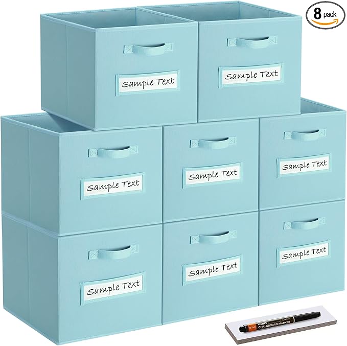 Fabric storage cubes (8 Pack) 11 Inch Cube Storage Bin, cube organizer bins with 8 Labels Window Cards & a Pen, Foldable cube organizer bins and Fabric Storage Box, Sky Blue