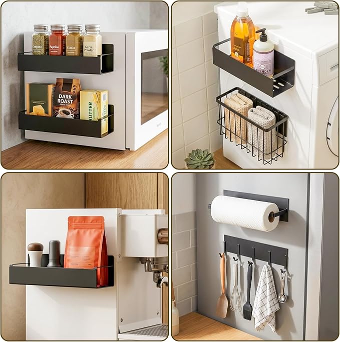 Magnetic Spice Rack for Refrigerator, 7Pack Magnetic Spice Rack, Space Saving Kitchen Storage Organizer for Spice Jars, Utensils, Paper Towels, Black