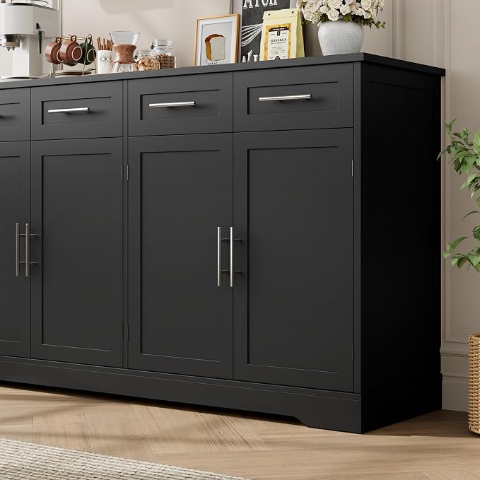 HOSTACK 60" W Sideboard Buffet Cabinet with Storage, Kitchen Cabinet, Black | 36" Tall Kitchen Buffet Storage Cabinet with 4 Drawers, Large Coffee Bar Cabinet, Modern Buffet Table for Dining Living Room