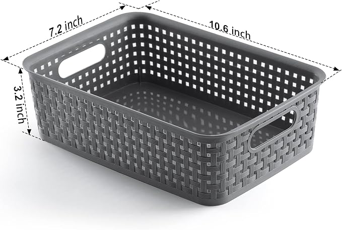 NETANY Plastic Storage Baskets - 8 Pack, Gray, Durable, Easy to Use, Flexible, Multi-Purpose, Ideal for Closets, Cabinets, Shelves, Countertops