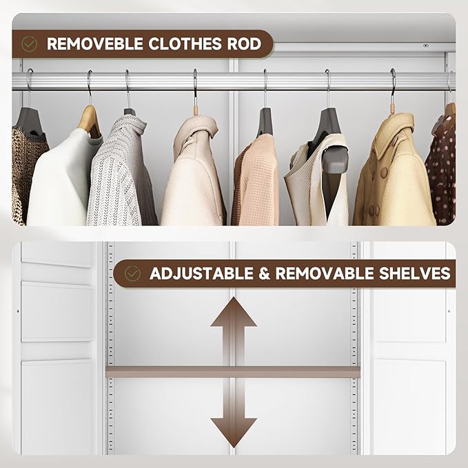 Letaya Metal Armoire Wardrobe Closet with 2 Drawers,18" Deep Clothing Storage Cabinet with Doors and Shelves,Coat Closet with Hanging Rod,Bedroom,Home,Cloak Room,White