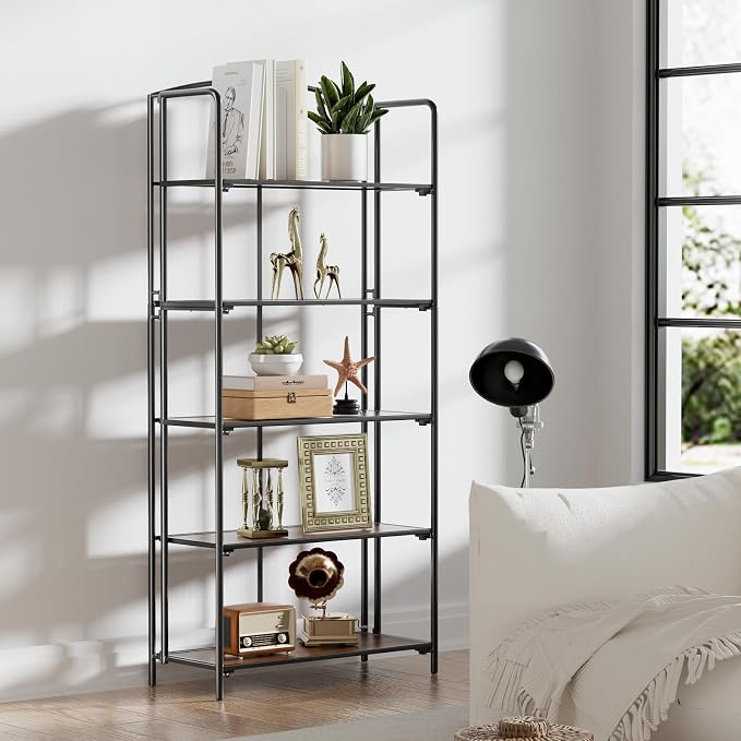 Crofy 5-Tier Wider Foldable Bookshelf, Black Frame & Walnut Shelves | Collapsible Portable Storage Organizer; Sturdy Walnut Finish Shelves; Ideal for Living Room & Home Office