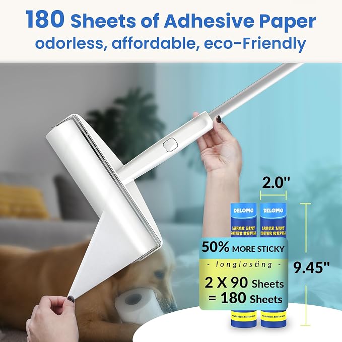 DELOMO 9.45 in Large Lint Roller Refills, 2 Packs, 180 Extra Sticky Sheets | Sticky Roller Refills, Easy Tear Sheets, Compatible Only with DELOMO 9.45” Lint Roller, Floors, Carpets, Couches, Pet Hair