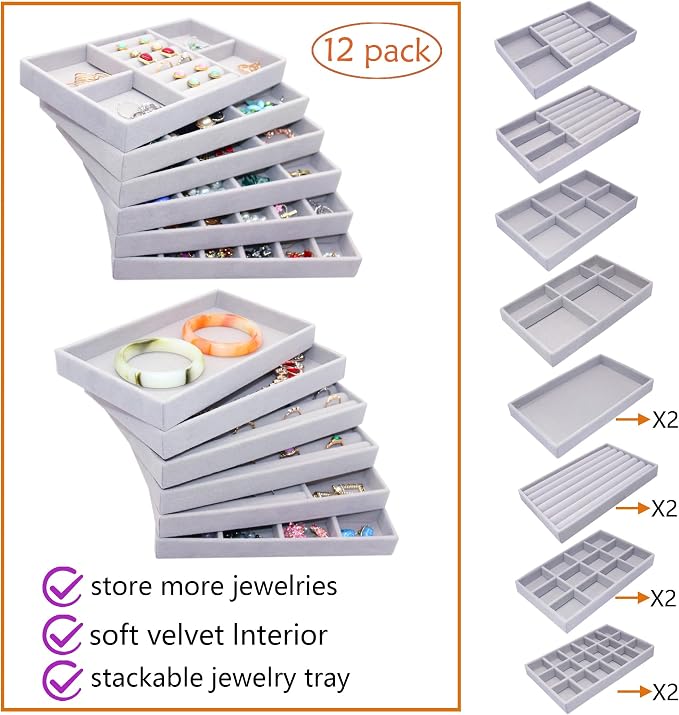 12 Set Jewelry Tray Velvet Jewelry Drawer Organizer Necklace Bracelet Display Tray for Earring, Ring, Brooch, Watch