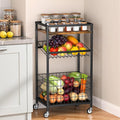 Fruit Vegetable Cart, 3-Tier Snack Cart on Wheels & Wood Top, Brown | Vegetable Rack For Kitchen, Kitchen Cart Organizer for Fruit, Vegetables, Potato, Snack