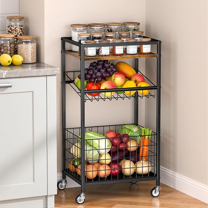 Fruit Vegetable Cart, 3-Tier Snack Cart on Wheels & Wood Top, Brown | Vegetable Rack For Kitchen, Kitchen Cart Organizer for Fruit, Vegetables, Potato, Snack