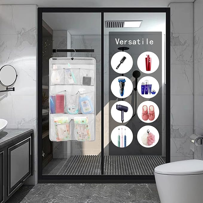 Mesh Shower Organizer Hanging Caddy Quick Dry Bathroom Storage for Toiletry Accessories with Rotating Hanger (8 Pockets)