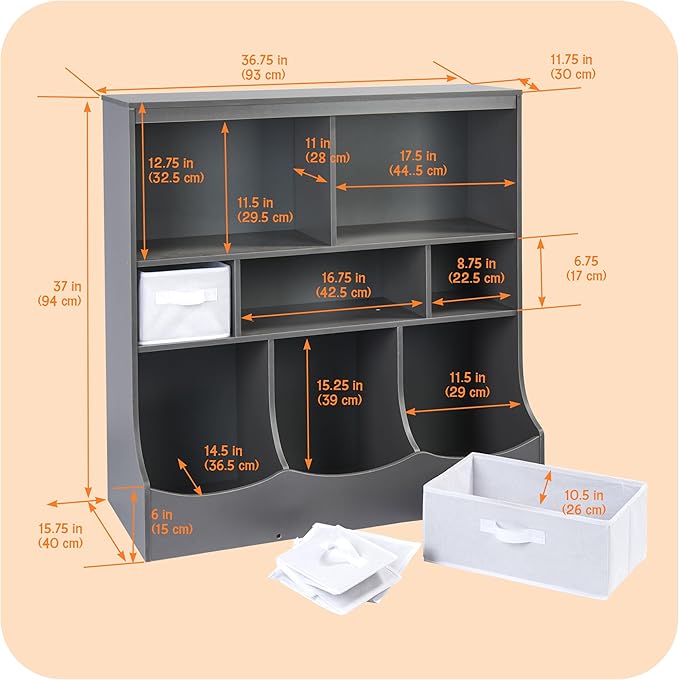 Badger Basket Combo Toy Storage Organizer and Bookshelf - Kids Storage Unit with 3 Removable Baskets, Open Shelves, Top Display Surface - Charcoal
