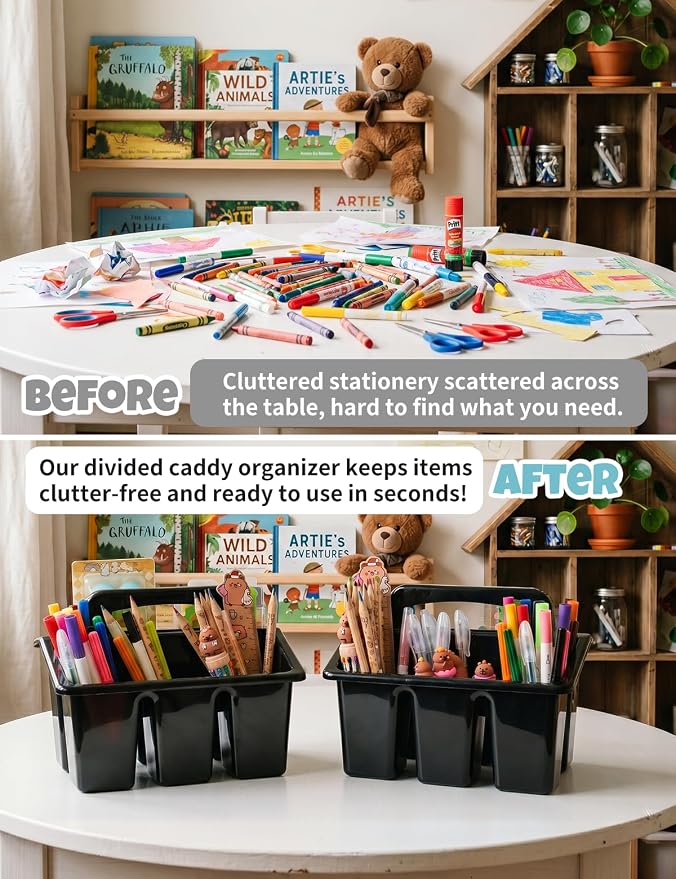 6 Pack Classroom Caddy Organizer with Handle, Table Caddy Classroom | 4 Compartments, 9×6.3×6.7 inches, Thick Durable PP Plastic, Built-in Handle, Stackable Design, for Classroom Desk Office Home