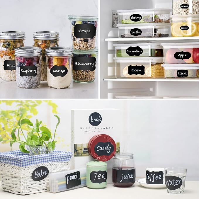 ONUPGO Chalkboard Labels Stickers Bulk - 196 Reusable Chalk Sticker Labels with Erasable Chalk Maker, Removable Waterproof Blackboard Labels for Containers, Glass, Mason Jar Labels | Removable, Waterproof, Reusable Chalk Labels, For Storage Bins & Food...