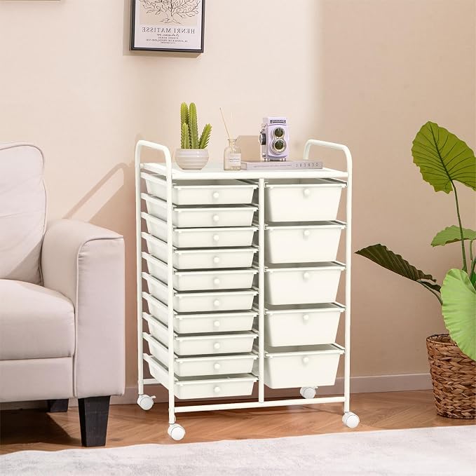 DREAMADE Rolling Cart with 15 Drawers, Rolling Drawer Organizer Cart w/Lockable Wheels, Removable & 2-Sized Storage Drawers, Art Cart for School Home Art Supplies Crafts File Scrapbook