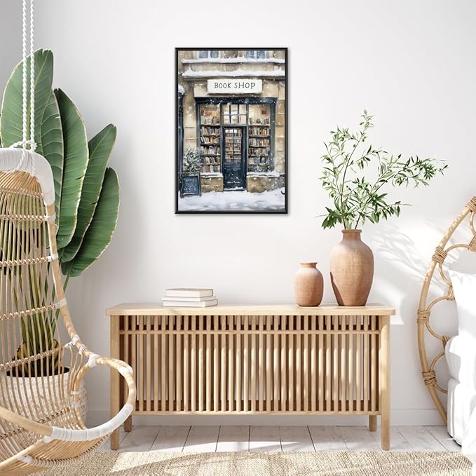 Winter Snowy Bookshop Art Aesthetic Poster Canvas Wall Art Decoration Living Room Home Decor Bedroom Decoration Poster black framed24x36inch