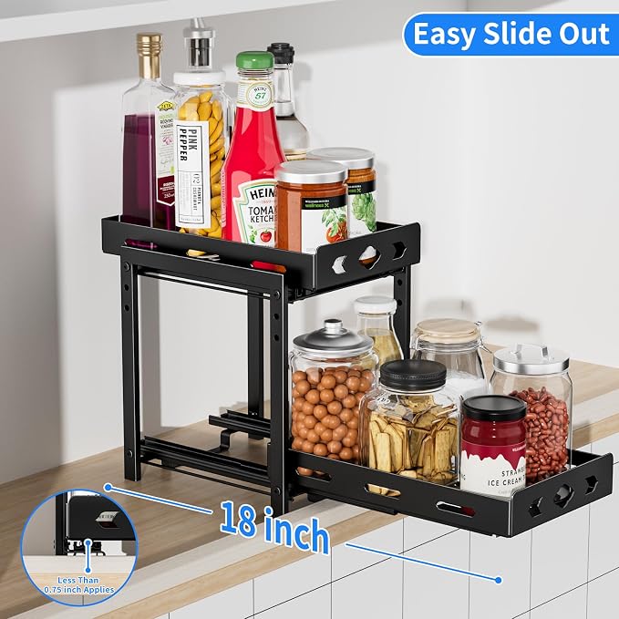 Pull Out Spice Racks for Inside Cabinets, 2 - Tier Cabinet Spice Rack Organizer, Height Adjustable Vertical Spice Rack for Cabinet, Kitchen, Pantry, Cupboard (7.5''Wx10.8''Dx9.2''H, Metal Black)
