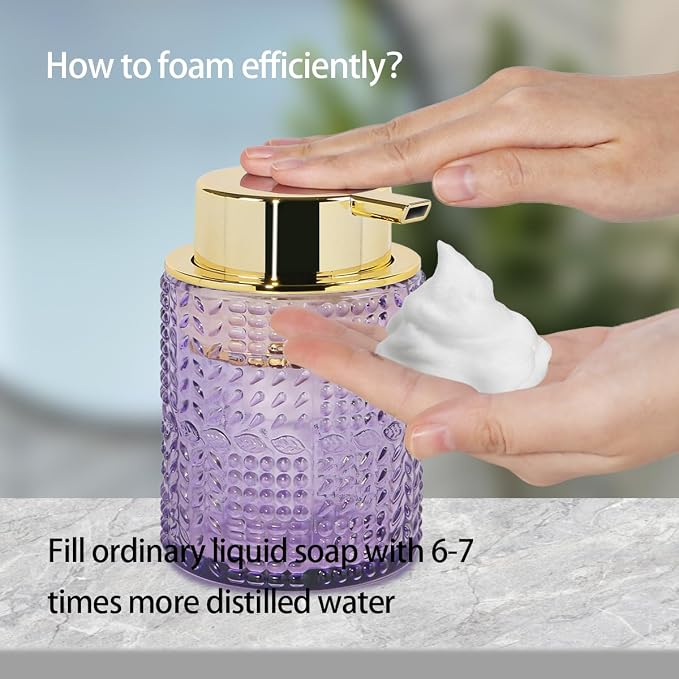 Foaming Soap Dispenser, 2pcs Purple Glass Foam Soap Dispenser with Gold Pump, Refillable 10oz Lotion Liquid Container Pump Bottle for Bathroom Kitchen Countertop