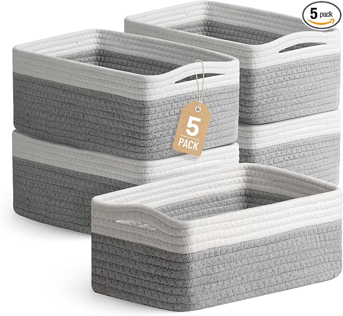5 Pack Decorative Small Storage Baskets for Shelves, Cotton Rope Woven Basket for Organizing Bathroom, Nursery, Closet, Cabinet, Toys & Socks, Gift Baskets Empty, 11.8"x7.9"x4.7", Gray/White