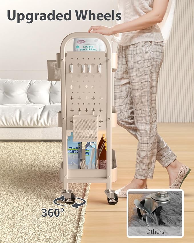 ALVOROG 3 Tier Metal Rolling Utility Cart with Pegboards,Baskets,Hook,Khaki | More Storage Craft Cart with Pegboards,Lockable Wheels,Hooks & Baskets to Organize Kitchen,Office,Bedroom and DIY Supplies