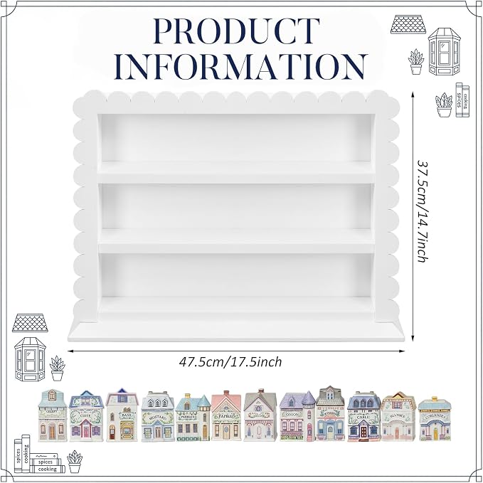 Chunful Vintage Spice Jar Wooden Rack White Scalloped Aesthetic Spice Shelf for 24 Jars, Village Style Wall Mounting Kitchen Storage Decorative Hanging Display Rack, Shelf Only