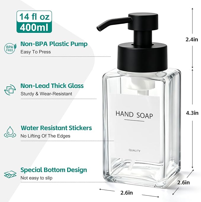 Foaming Soap Dispenser, 12oz/350ml Glass Foaming Hand Soap Dispenser Set, 2Pcs Refillable Foam Soap Dispenser With Foaming Pump, Labels, Square Foam Soap Hand Dispenser For Bathroom, Kitchen