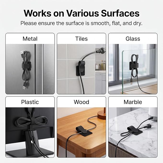 100PCS Cable Management Under Desk, Hook and Loop Cable Straps Self Adhesive Cable Organizer, Reusable Cable Ties for Cords Home Office TV Computer Car Wire Organizer, Black