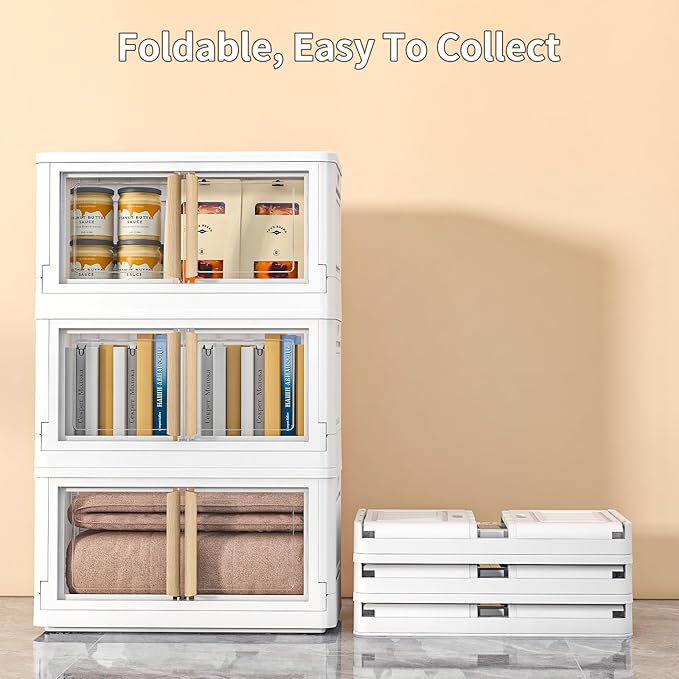Collapsible Storage Bins with Lids, Wooden Handles 92Qt Large 3 Packs Stackable Storage Bin with Individual Lids, Foldable Storage Cabinet for Home, Office, Dorms