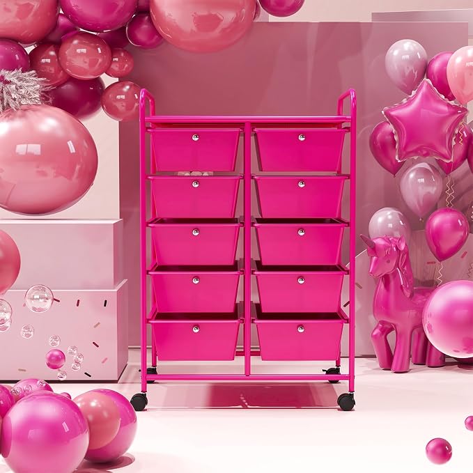COSTWAY 10 Drawer Rolling Storage Cart, Utility Cart with Lockable Wheels | Mobile Art Supply Craft Organizer with Metal Frame, Multipurpose Drawer Cart for Paper for Office, School, Hot Pink