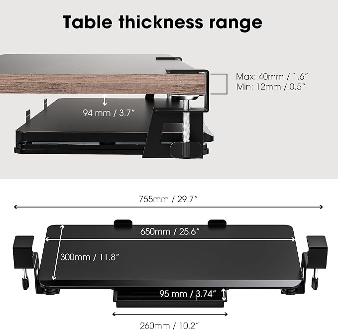 Fenge Keyboard Tray Under Desk, Pull Out Keyboard & Mouse Tray with C Clamp Mount, Sliding Keyboard Holder for Desk, 25.6 x 11.8 inch Large Slide-Out Platform Computer Drawer for Typing