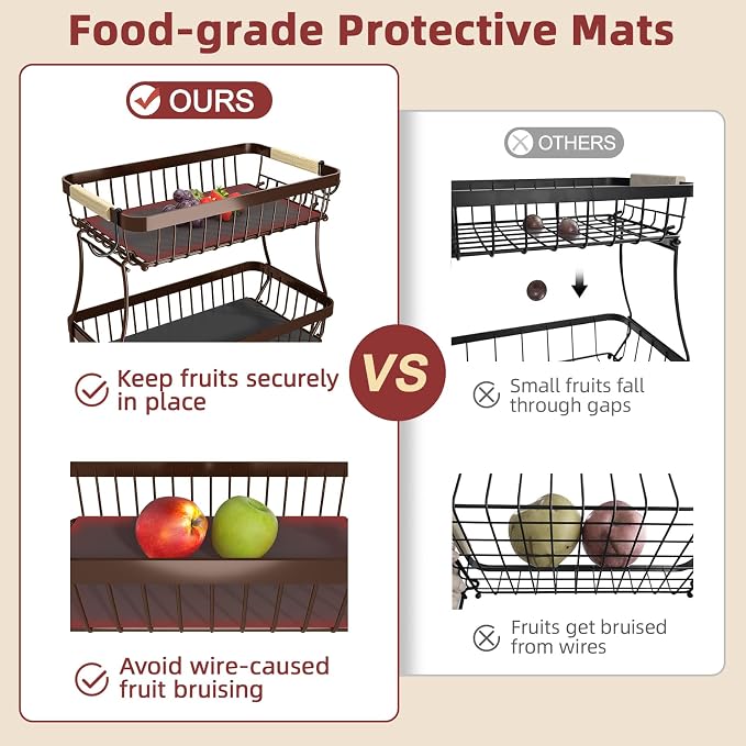 Sevenblue 2-Tier Fruit Basket with Banana Hangers, Detachable Metal Bowl | Wooden handle, protective mats included. Versatile holder for bread, snacks, and veggies. Extra Large 2 tier metal design.