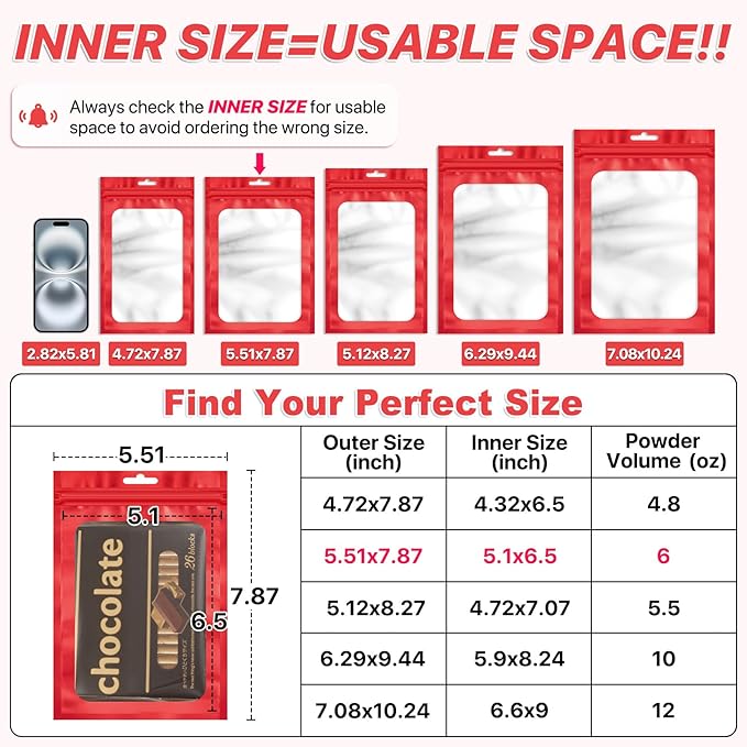 100 PCS Resealable Mylar Bags with Frosted Clear Window Packaging Bags Foil Pouch Zipper Bag for Food Self Sealing Storage Supplies (5.51x7.87, Red)