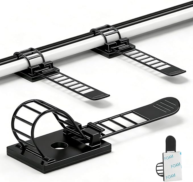 Adjustable adhesive cable management clips 50Pcs, large self adhesive cable ties clips ，Suitable for cable management under desks and on walls(Black)