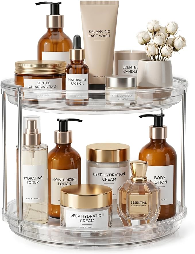 360° Rotating Makeup Organizer 2 Tier 10.6" Clear Lazy Susan Turntable Skincare Perfume Organizer Bathroom Countertop Vanity Tray Space-Saving Cosmetic Storage for Dresser