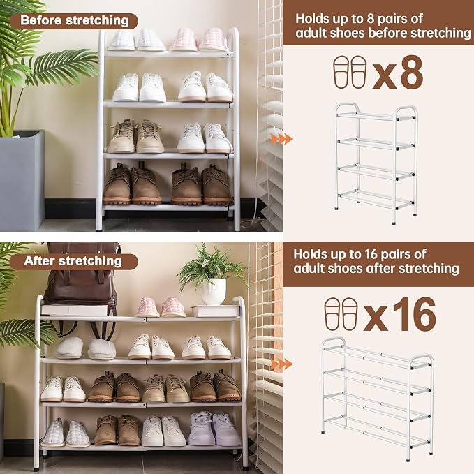 Gonfoam Expandable 4-Tier Shoe Rack for Closet and Entryway, White | Tool-Free Assembly, Metal Material, Adjustable Shoe Organizer, Sturdy, Small Space Solution, Dorms, Garages, Apartments.