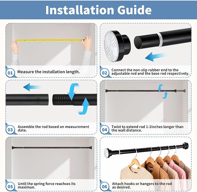 No Drilling Adjustable Closet Rod, 26-80 Inches Heavy Duty Tension Rod for Hanging Clothes for Closet, Laundry Room & RV, Black