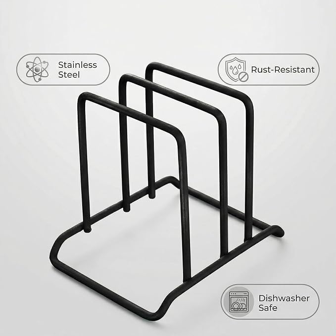 Stainless Steel Cutting Board Organizer,Cutting Board Holder Stand，Pot Lid Organizer, Kitchen Storage Rack for Lids and Boards,Cutting Board Stand for Countertop-(Black)