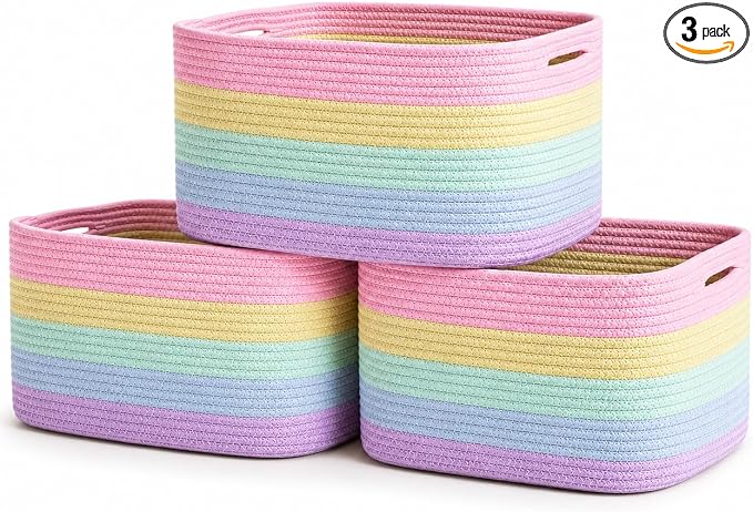 OrganiHaus Pastel Rainbow Cotton Rope Baskets for Shelves, Set of 3 - 15"×10"×9½" - Colorful Storage Baskets for Kids - Nursery, Playroom, Classroom - Toy Storage, Books, Towels