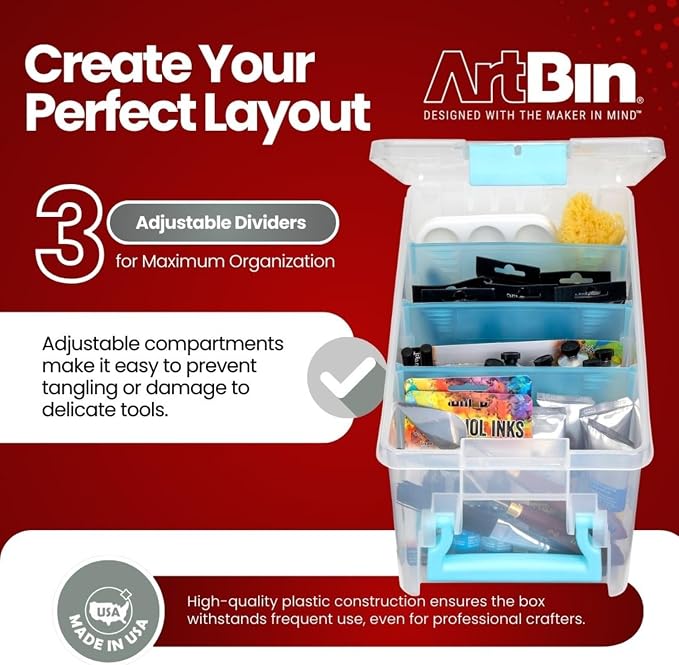 ArtBin 6925AA Semi Satchel with Removable Dividers, Portable Art & Craft Organizer with Handle, [1] Plastic Storage Case, Clear - Aqua Accents (Pack of 4)
