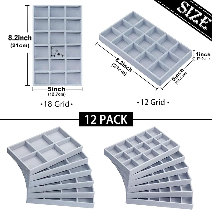 12 Pack Velvet Jewelry Drawer Organizer Trays Stackable Jewelry Storage Inserts Set Jewelry Tray for Earring Necklace Rings Bracelet with Removable Dividers for Dresser & Vanity