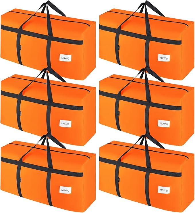 CIVJET 6 Pack Extra Large 90L Heavy Duty Moving Bags with Zippers and Handles - College Packing Bags for Clothes, Storage, Camping Essentials (Orange)