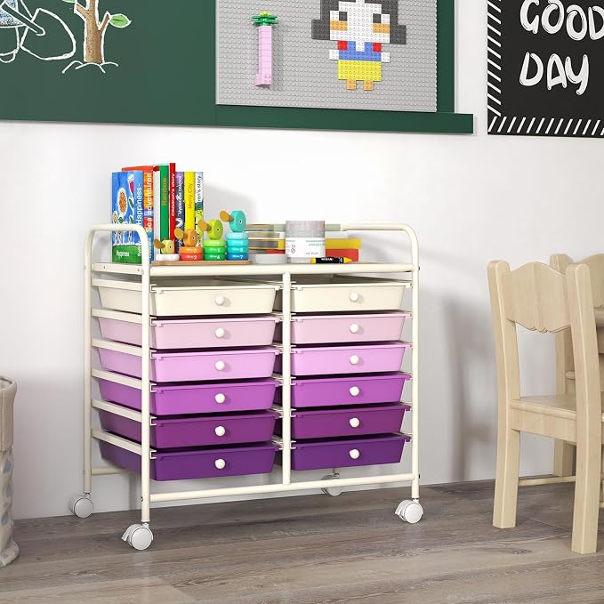 LDAILY 12 Drawer Rolling Storage Cart, Craft Cart Organizer on Wheels w/Metal Frame, Large Capacity & Smooth Drawer, Rolling Cart w/Drawers for Classroom, Office