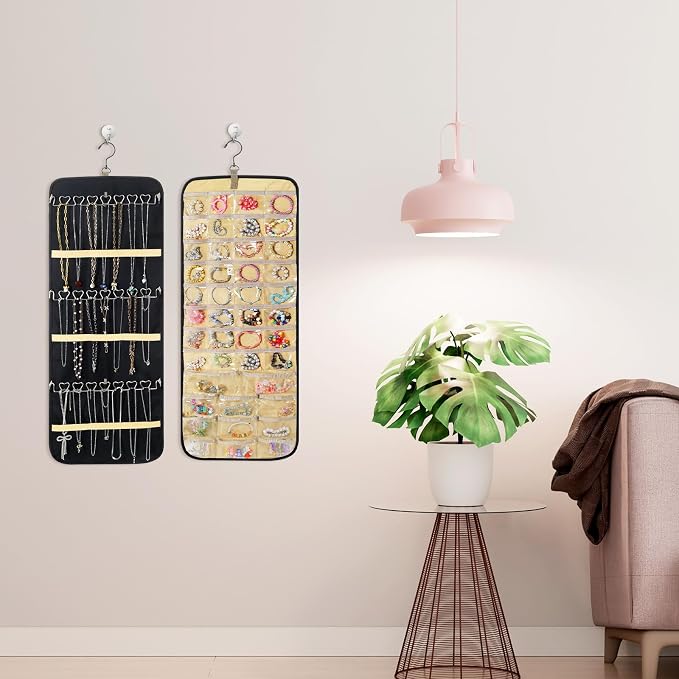 2 Pack Hanging Jewelry Organizer Storage with 43 Pockets and Hooks Dual-Sided Hanging Jewelry Organizers and Storage Hang on Closet, Wall, Door for Earrings, Necklaces, Rings,Blcak
